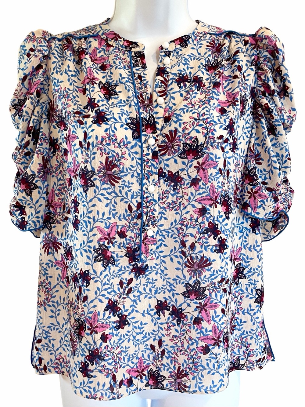 ME+EM Wild Meadow Print Ruched Sleeve Blouse Floral Top US 4